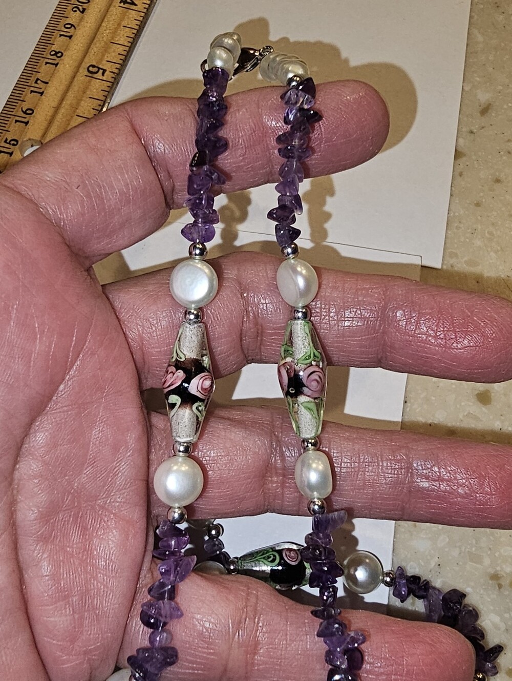 Artisan 26" Opera Necklace - Genuine Freshwater Pearls, Amethyst Chips & Floral